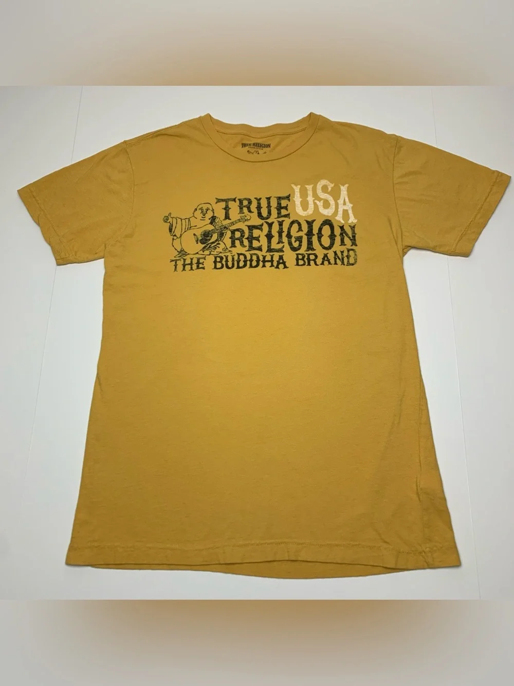 True Religion T-Shirt Buddha Brand Yellow Cotton Graphic Tee Mens Size Medium - Picture 1 of 8